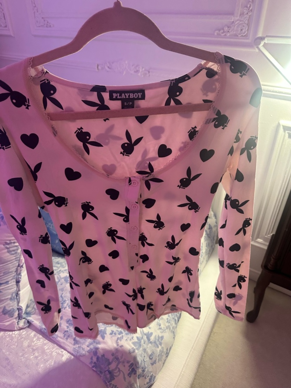 PLAYBOY Pink Long-Sleeve Romper with Black Bunny & Heart Print Lace trim